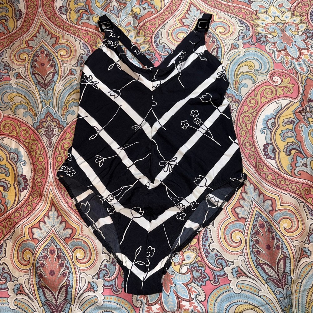 Gideon Oberson Womens Black White Floral Striped One Piece Swimsuit Size 14 USA
